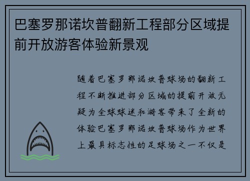 巴塞罗那诺坎普翻新工程部分区域提前开放游客体验新景观 巴塞罗那诺坎普翻新工程部分区域提前开放游客体验新景观